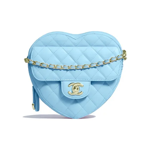 CHANEL Lambskin Heart Shaped Bag Peach Heart Bag Shoulder Bag Crossbody Bag Large Size Women's Blue
