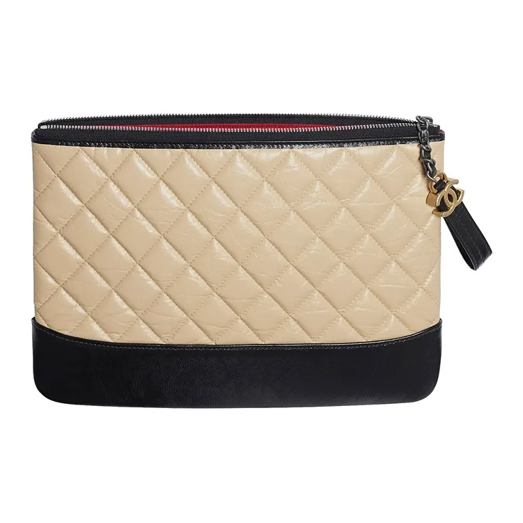 CHANEL Calfskin With Smooth Calfskin Clutch Women's Beige/Black-2