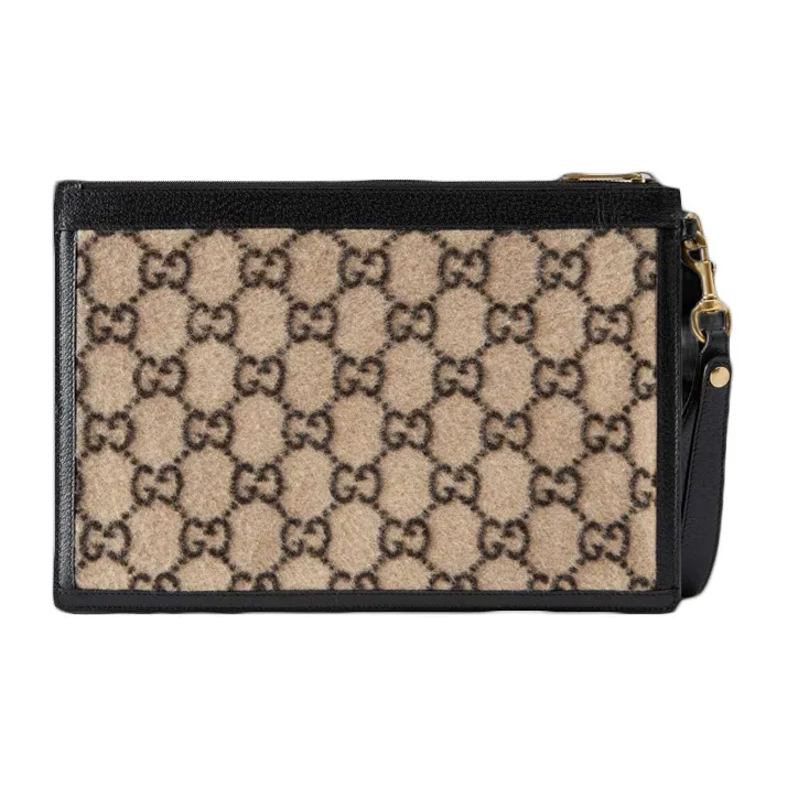 GUCCI Wool Patchwork Leather Clutch Regular Unisex Beige/Black-1