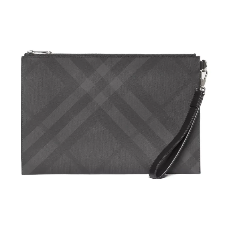 Burberry Cotton With Leather Detail Wrist Bag Clutch Regular Men's Dark Charcoal Gray-5
