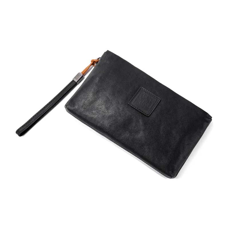 Ace Paul Top Grain Cow Leather Envelope Bag Clutches Medium Size Unisex Black-4