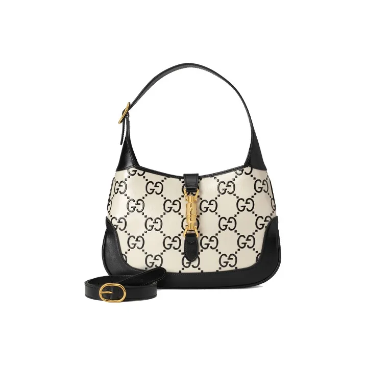 GUCCI Jackie 1961 Canvas With Leather Trim Crescent Shoulder Bag Shoulder Bag Small Size Women's White Black Multicolor-7