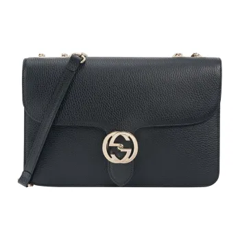 GUCCI Litchi Grain Leather Messenger Bag Trunk Bag Shoulder Crossbody Bag Large Size Women's Black