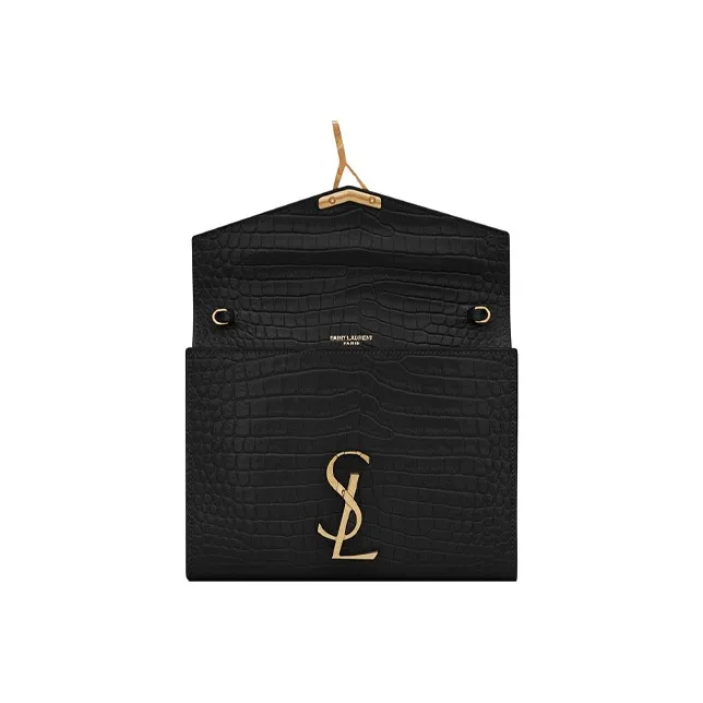 SAINT LAURENT Crocodile Embossed Bright Leather Chain Wallet, Envelope Bag, Crossbody Bag, Shoulder Bag Women's Black-5