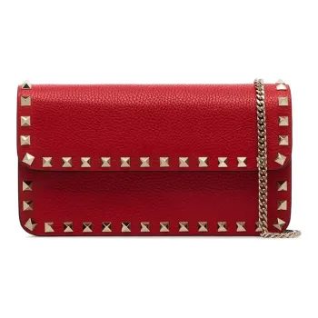 Valentino Rockstud Grained Calfskin Messenger Bag Shoulder Bag Crossbody Bag Clutches Women's Red