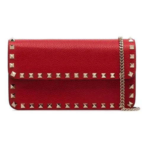 Valentino Rockstud Grained Calfskin Messenger Bag Shoulder Bag Crossbody Bag Clutches Women's Red