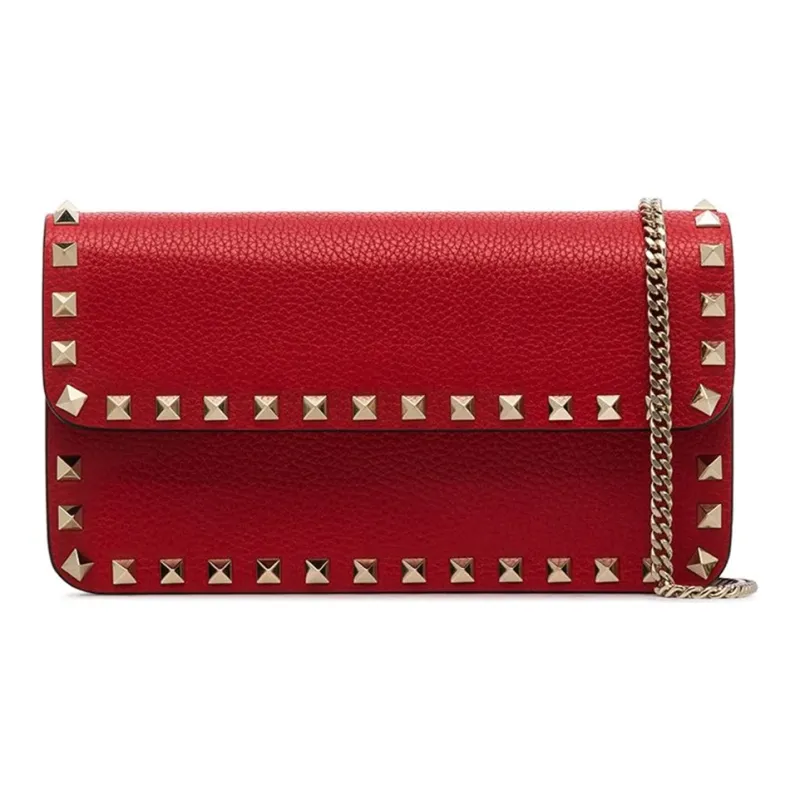 Valentino Rockstud Grained Calfskin Messenger Bag Shoulder Bag Crossbody Bag Clutches Women's Red-0