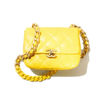 CHANEL 22SS Lacquered Finish Lambskin Chain Flap Bag, Shoulder Bag, Crossbody Bag Mini Women's Yellow