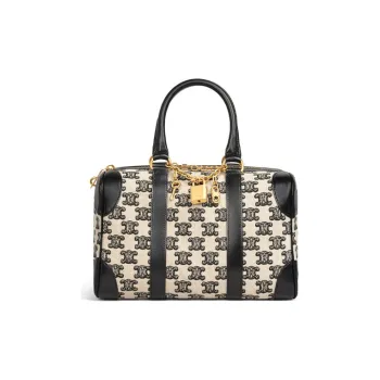 CELINE Embroidered Cow Leather Patchwork Boston Bag One Shoulder Handbags Small Size Women's Black