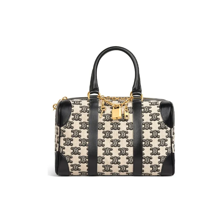 CELINE Embroidered Cow Leather Patchwork Boston Bag One Shoulder Handbags Small Size Women's Black-0