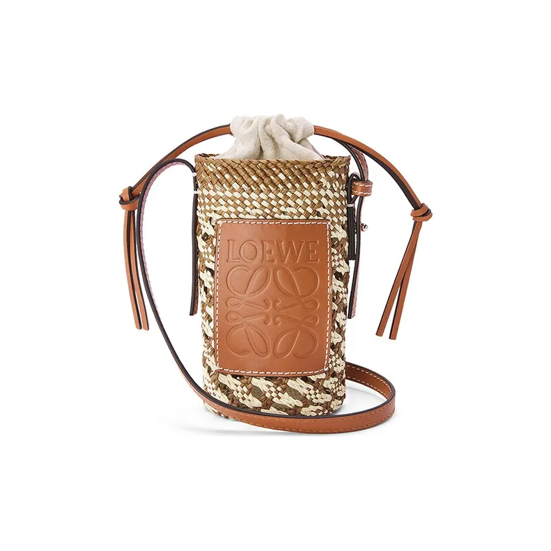 LOEWE Cylinder Pocket Calfskin With Palm Straw Bag Bucket Bag Shoulder Bag Crossbody Bag Women's Brown-0