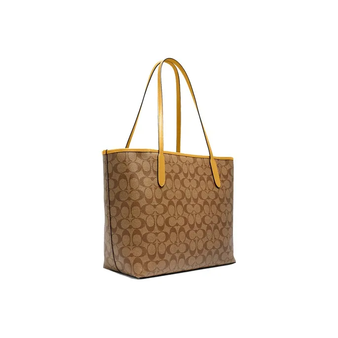 COACH City Canvas, Leather Handbag, Shoulder Bag Tubas Women's Brown & Yellow Color-1