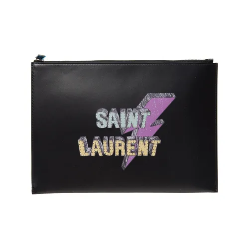 SAINT LAURENT Men’s Leather Logo Printing Clutch Bag Black