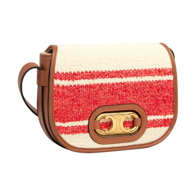CELINE Triomphe Fabric With Cow Leather Crossbody Bag, Shoulder Bag Women's Red & Tawny-1