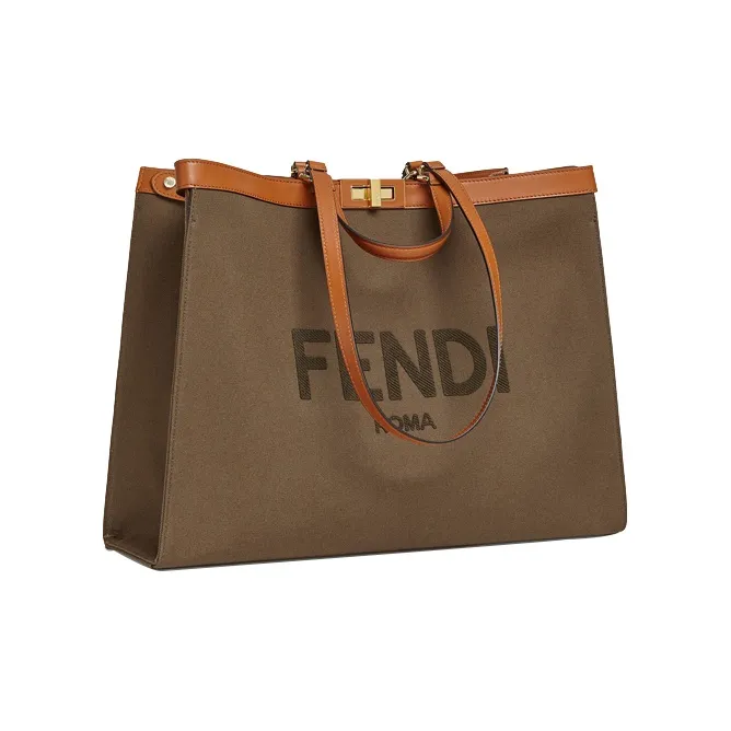 FENDI Peekaboo Leather Trim Canvas Tote Bag Shopping Bag Handbag Large Size Unisex Army Green-1