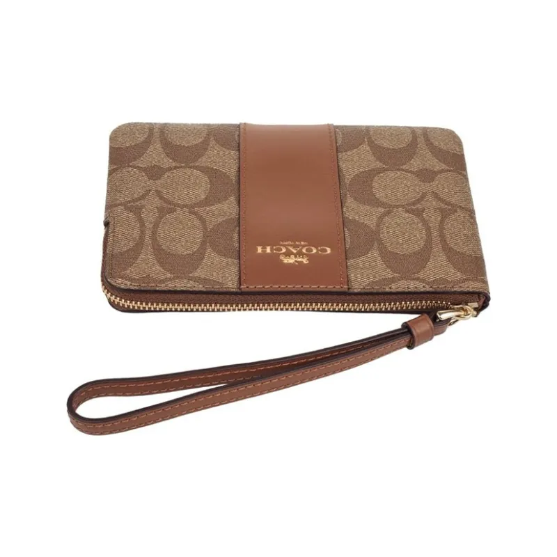 COACH Corner Zip Canvas With Leather Coin Purse Wrist Bag Clutch Small Size Women's Caramel Brown Multicolor-3