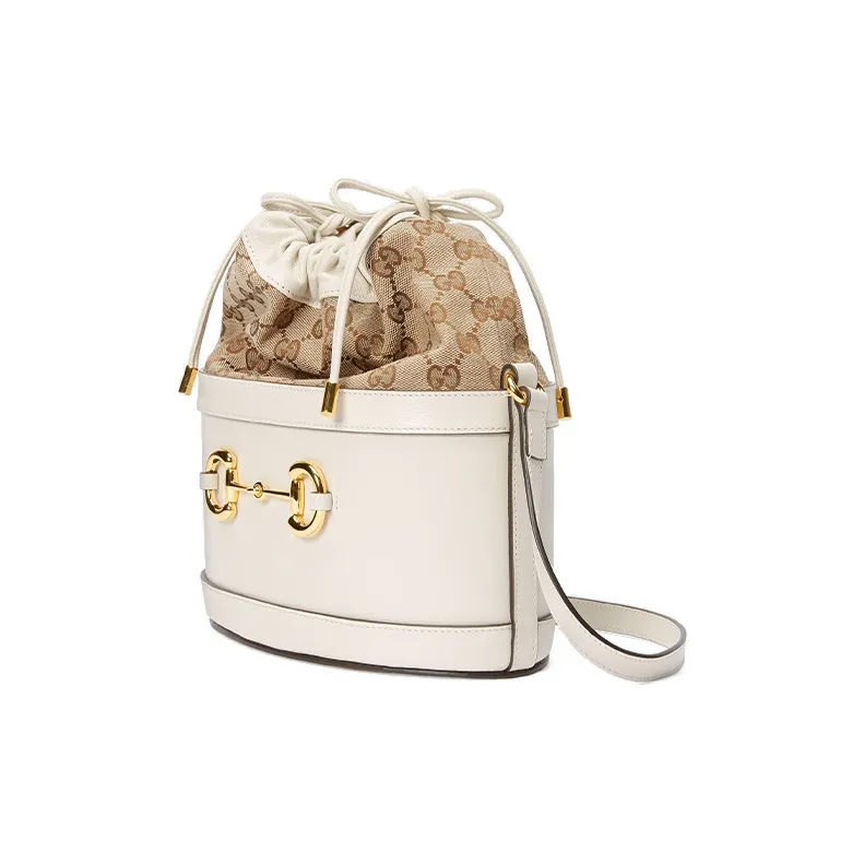 GUCCI Horsebit 1955 Canvas With Leather Bucket Bag, Portable Crossbody Bag, Shoulder Bag Women's White-1