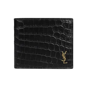 SAINT LAURENT Crocodile Pattern Leather Double Fold Wallet Men's Black