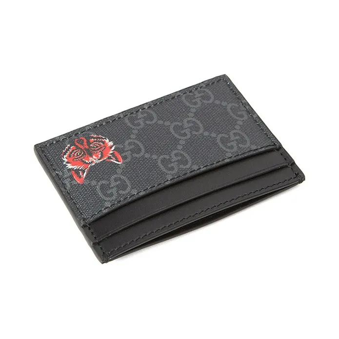 GUCCI Canvas With Leather Card Clip Card Holder Men's Black Gray Color/Red-3