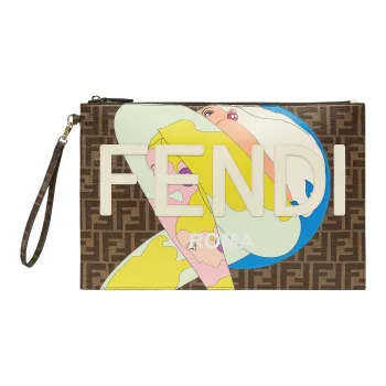 FENDI PU Polyurethane Handbag Clutch Large Size Unisex Brown/Multicolor