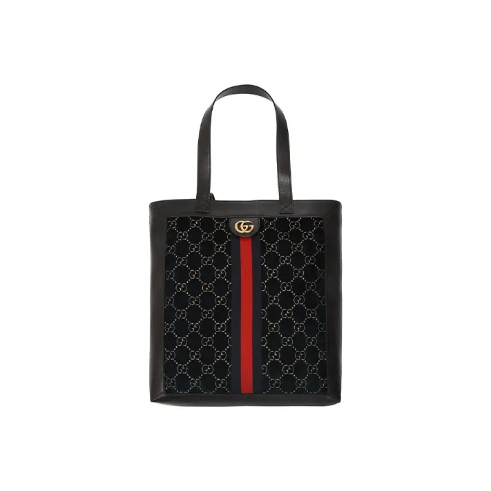 GUCCI Velvet With Leather Tote Bag Shopping Bag Shoulder Bag Handbag Medium Size Unisex Dark Blue/Black-0