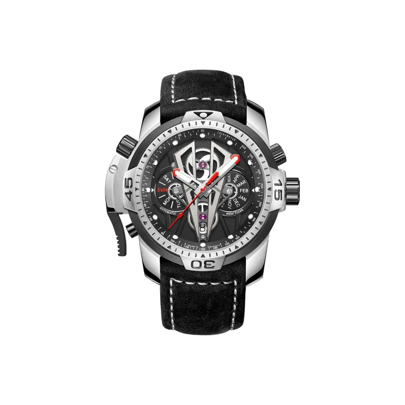 REEF TIGER Aurora Mechanical Movement Genuine Leather Strap Watch Men's Watches Black Dial-0