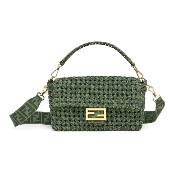 FENDI Baguette Canvas Shoulder Crossbody Handbag Medium Size Women's Green