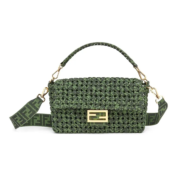FENDI Baguette Canvas Shoulder Crossbody Handbag Medium Size Women's Green-0