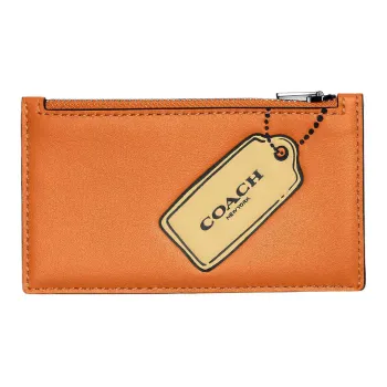 COACH Natural Leather Coin Purse, Card Holder Mini Men's Papaya Orange