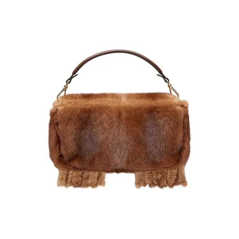 FENDI Baguette Mink Fur Blended With Lambskin Baguette Bag Handbag Shoulder Bag Crossbody Bag Medium Size Women's Brown-2