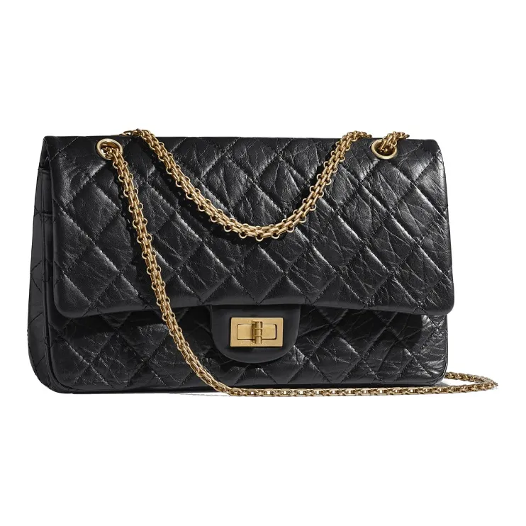 CHANEL 2.55 Cow Leather Flap Bag Chain Crossbody Bag Shoulder Bag Women's Black Gold, Black-1