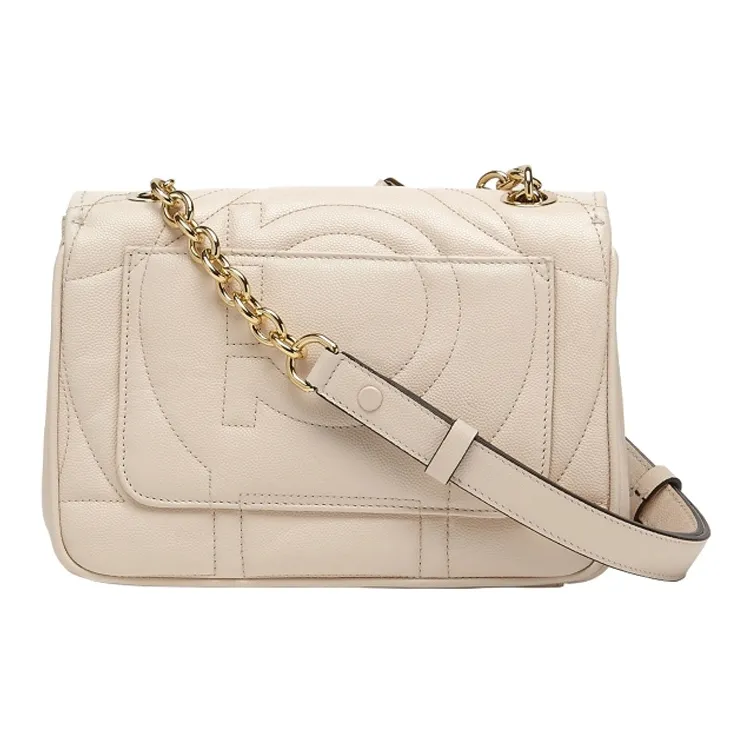 FERRAGAMO GANCINI Calfskin Flap Bag Shoulder Bag Crossbody Bag Small Size Women's Beige-2