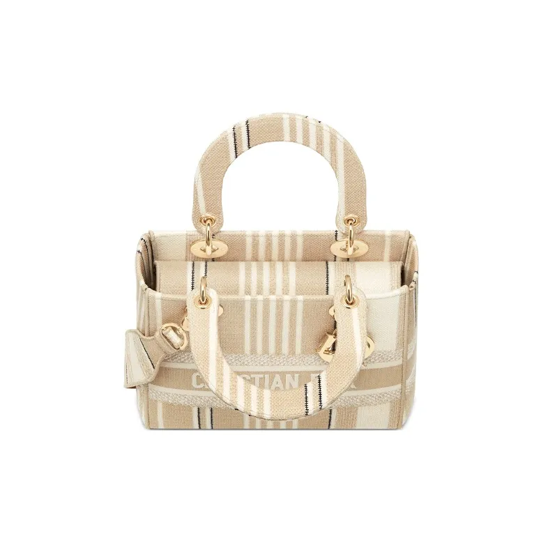 DIOR Lady Dior Striped Embroidered One Shoulder Handbags Medium Size Women's Beige-3