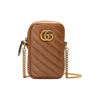 GUCCI Marmont Leather Cell Phone Pouch Chain Shoulder Bag Crossbody Bag Mini Women's Brown