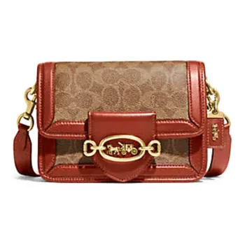 COACH Hero Coated Canvas With Calfskin Handbag, Shoulder Bag, Crossbody Bag Small Size Women's Brown & Orange Red