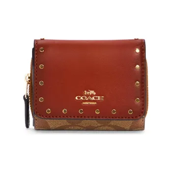 COACH Trifold Wallet Canvas Leather Clutches Wallets Women's Brown