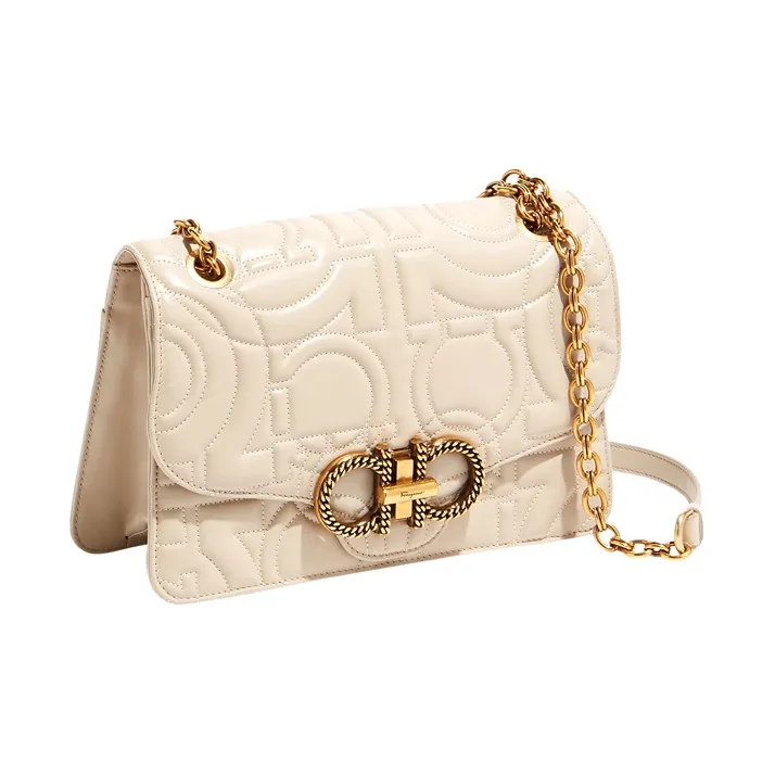 FERRAGAMO GANCINI Cow Leather Shoulder Bag, Crossbody Bag Large Size Women's Beige-1