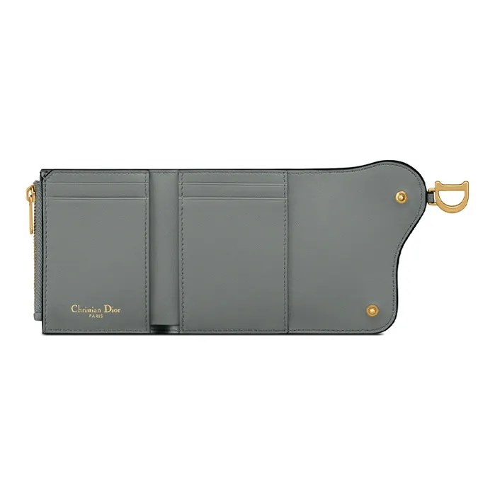 DIOR Saddle Grained Calfskin Card Holder Wallet Women's Rock Gray-3