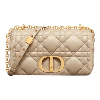 DIOR Caro Calfskin Chain Shoulder Bag Crossbody Bag Medium Size Women's Natural