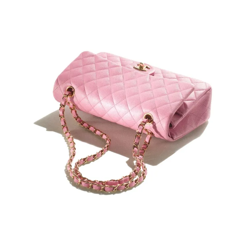 CHANEL 22SS Spring And Summer Classic Flap CF Grain Embossed Shiny Calfskin Shoulder Bag, Crossbody Bag Women's Pink-2