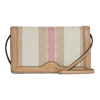 COACH Jacquard Canvas With Leather Small Square Bag, Crossbody Bag Trumpets Women's Khaki & Multicolor Stripes