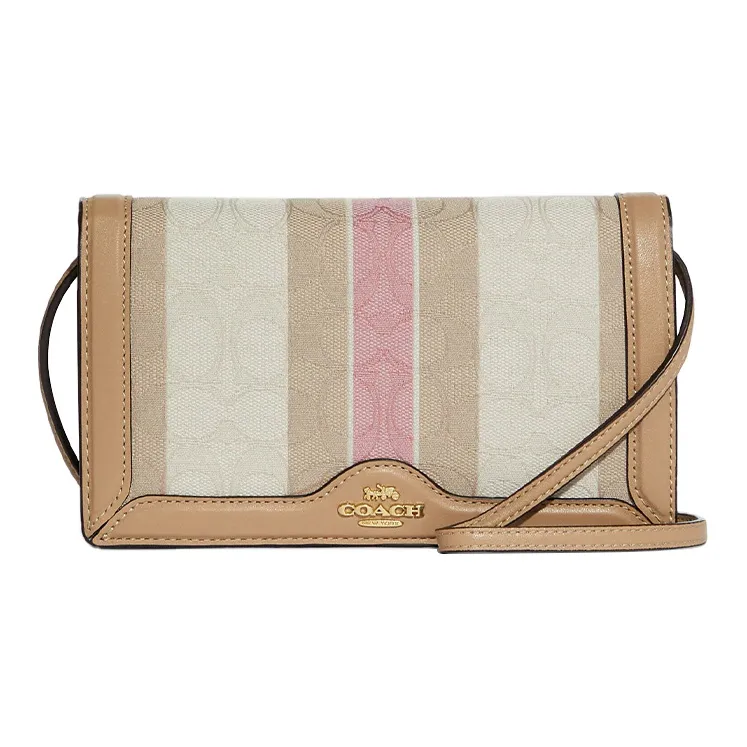 COACH Jacquard Canvas With Leather Small Square Bag, Crossbody Bag Trumpets Women's Khaki & Multicolor Stripes-0