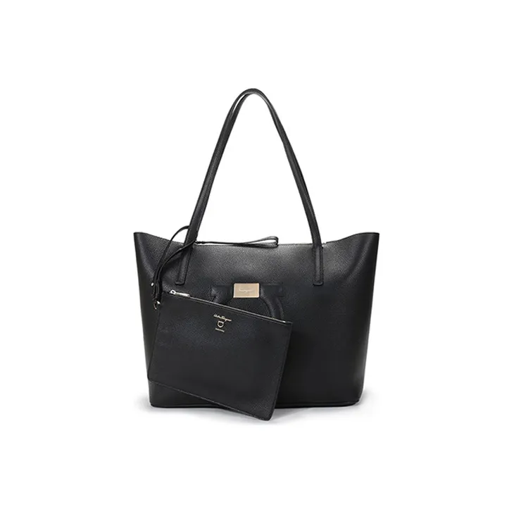 FERRAGAMO GANCINI Cow Leather Combo Bag Tote Bag Shopping Bag Handbag Shoulder Bag Women's Black-1
