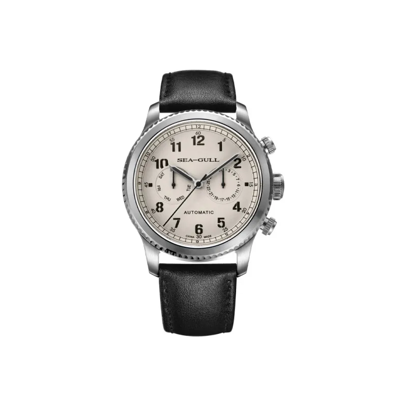 Sea Gull Pilot Collection Automatic Mechanical Movement Cow Leather Strap Watch Men's Watches White Dial-0