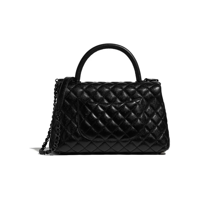 CHANEL Coco Handle Plaid Cow Leather Chain Bag, Shoulder Bag Women's Black-1