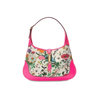 GUCCI Jackie 1961 Fabric With Leather Crescent Shoulder Bag Handbag Medium Size Women's Fuchsia Multicolor