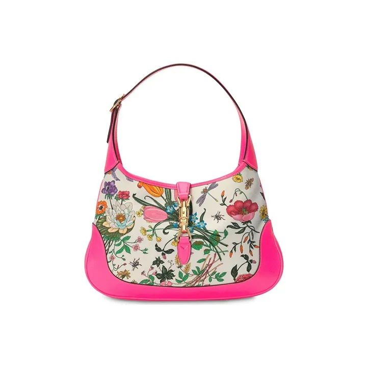 GUCCI Jackie 1961 Fabric With Leather Crescent Shoulder Bag Handbag Medium Size Women's Fuchsia Multicolor-0