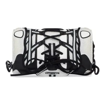 Balenciaga Fabric With Leather Lace Up One Shoulder Crossbody Cell Phone Pouch Small Size Women's White & Black