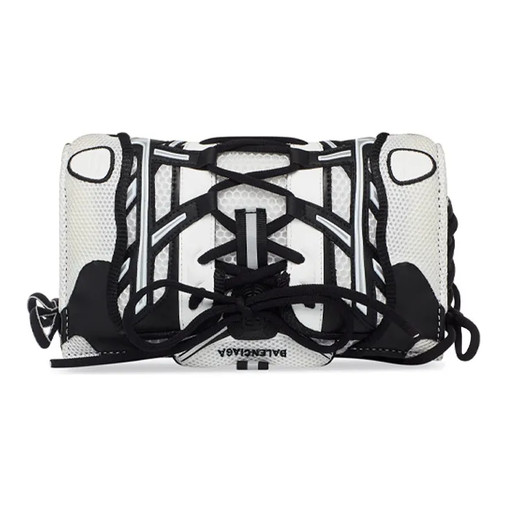 Balenciaga Fabric With Leather Lace Up One Shoulder Crossbody Cell Phone Pouch Small Size Women's White & Black-0