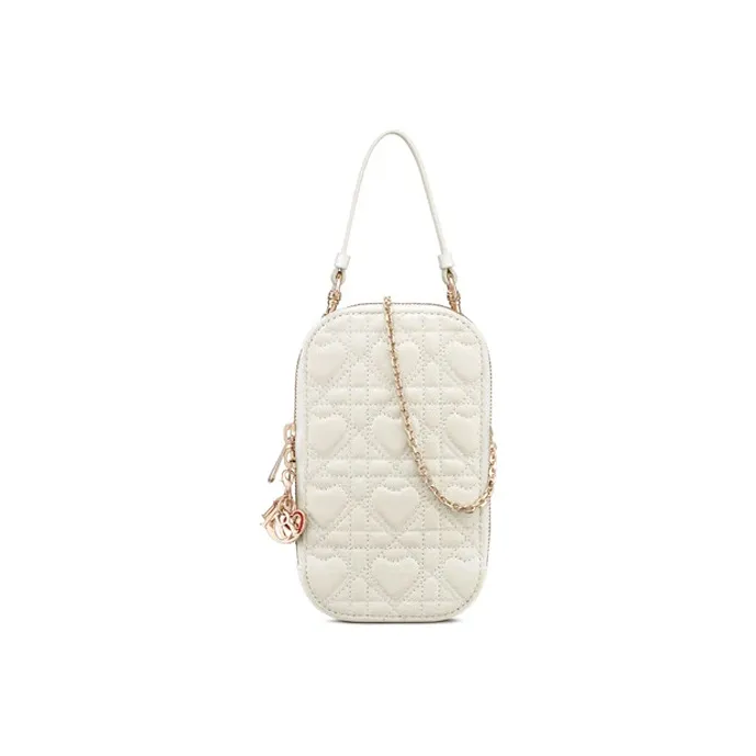 DIOR Lady Dior Sheepskin One Shoulder Crossbody Cell Phone Pouch Women's White-0